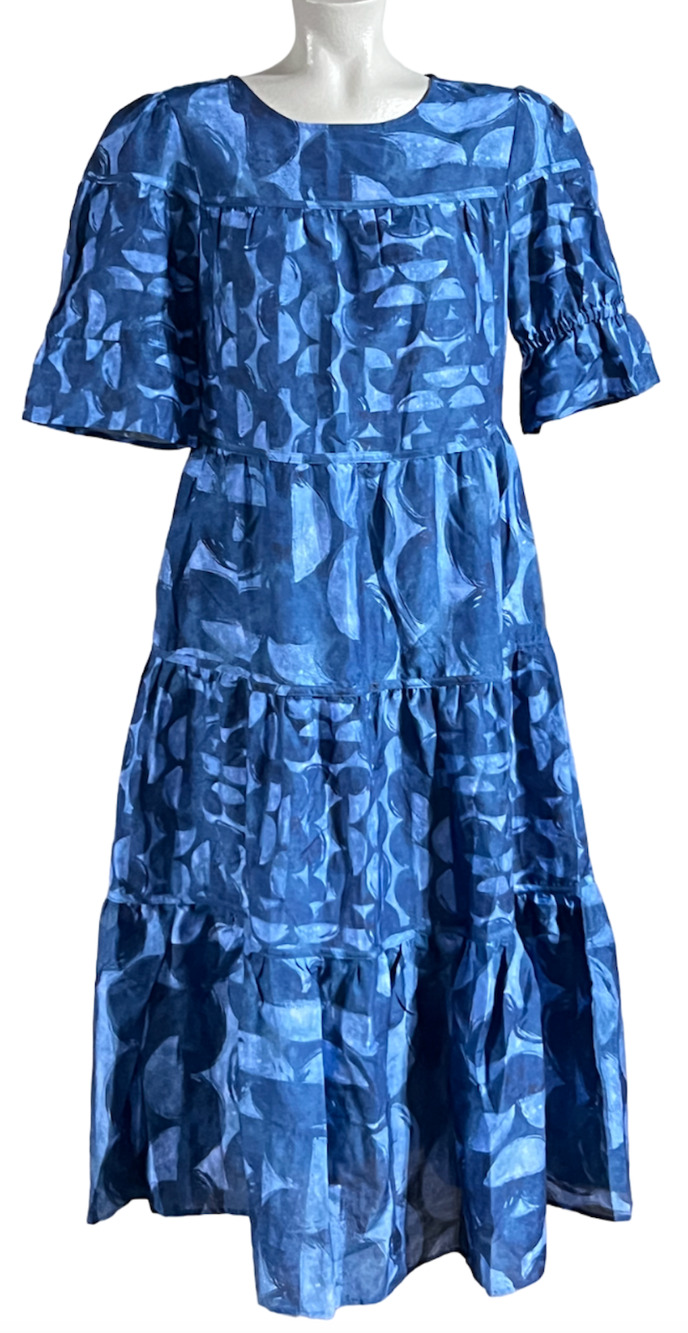 NEW CHICO'S SZ 00 BLUE MULTI TIER SILK BLEND HALF MOON GEO MIDI DRESS SIZE US 2